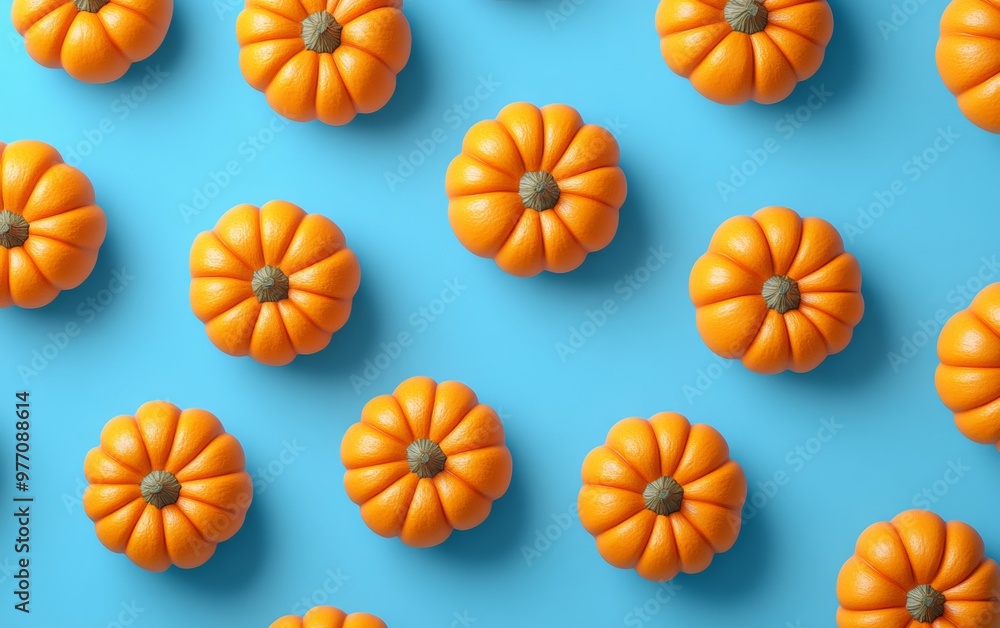 Bright orange pumpkins in a repeating pattern on a light blue background, creating a vibrant fall-themed design. Bright orange pumpkins in a repeating pattern on a light blue background, creating a vibrant fall-themed design.
