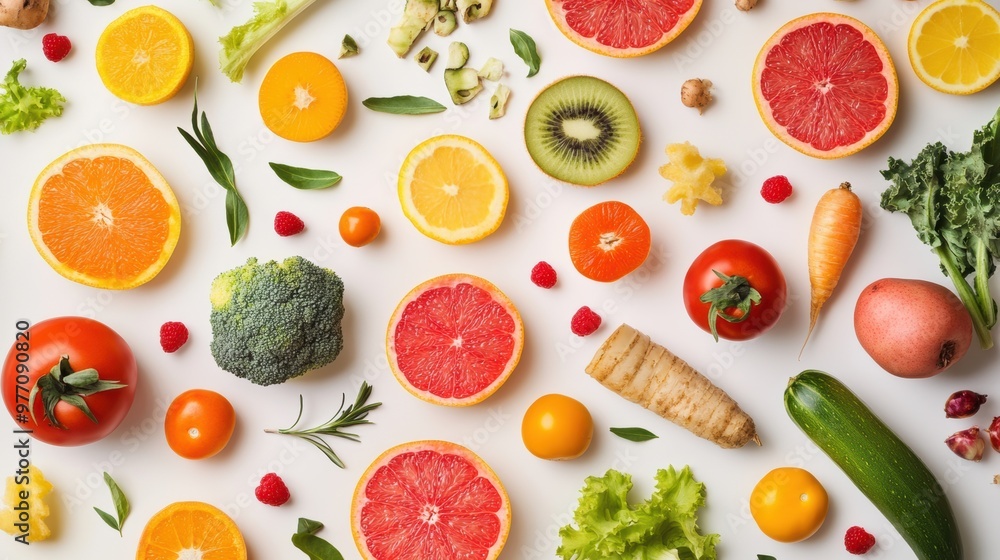 A variety of fruits and vegetables arranged on a white surface, AI A variety of fruits and vegetables arranged on a white surface, AI