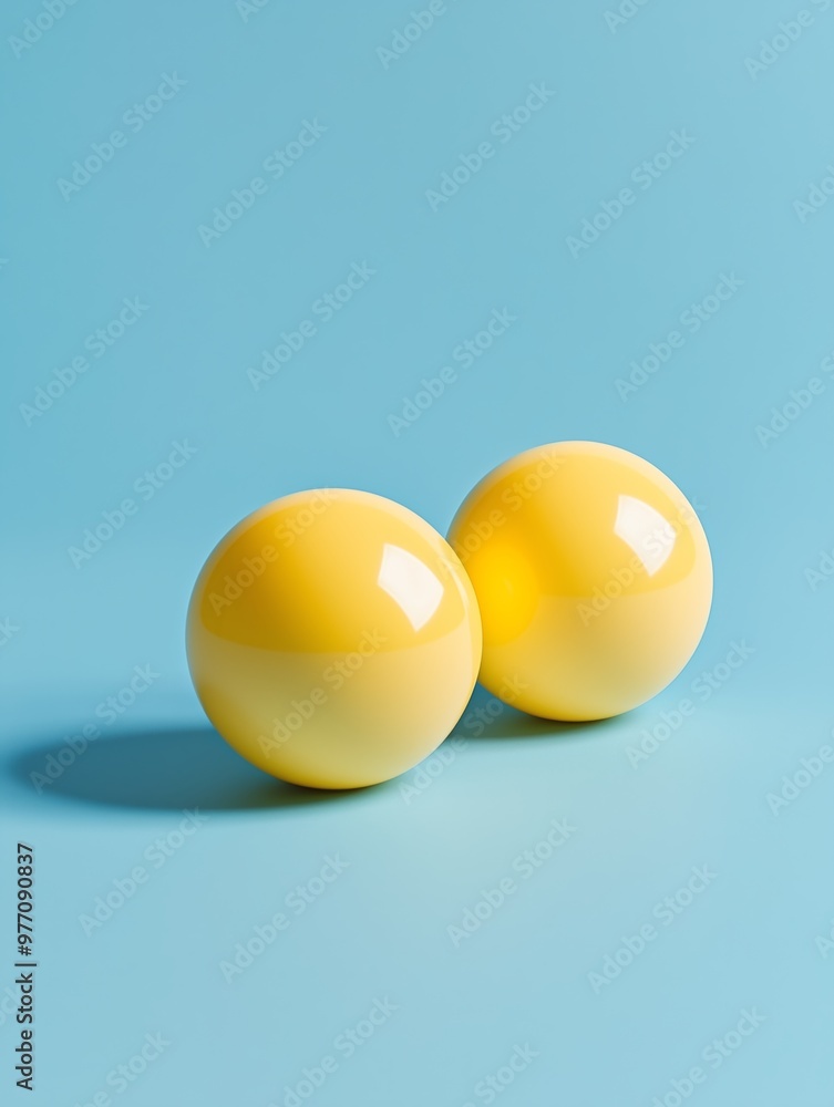 Shiny soft pastel yellow balls on a plain blue background. 