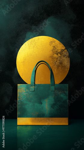 Green shopping bag at gradient background with copy space. Retail, marketing campaign, sale concept. For banner, poster, postcard, flyer photo