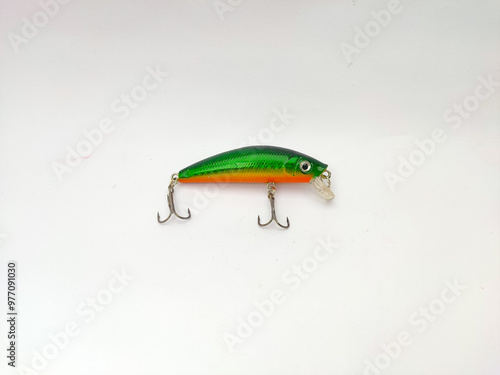 Obraz na płótnie Green Minnow Fishing bait lure with treble hook on isolated white background