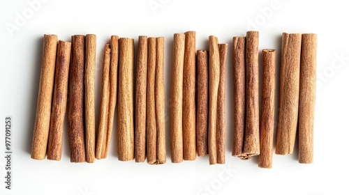 Cinnamon Sticks Neatly Aligned on White Background