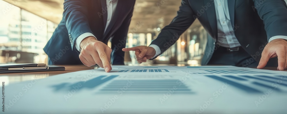 Two executives leaning over a table pointing at financial data during negotiation, business discussion, data-driven decision-making Two executives leaning over a table pointing at financial data during negotiation, business discussion, data-driven decision-making
