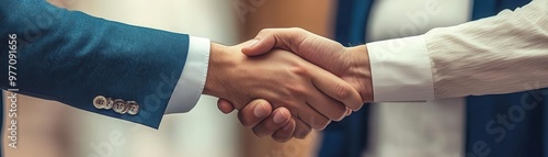Two businesspeople shaking hands with a mediator standing between them, mediation, conflict resolution in negotiation