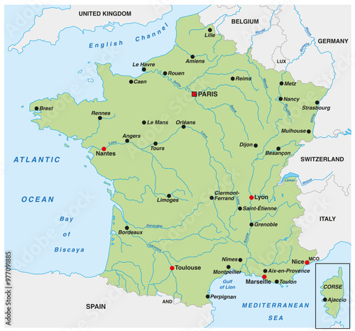 Map of France with the most important cities and rivers