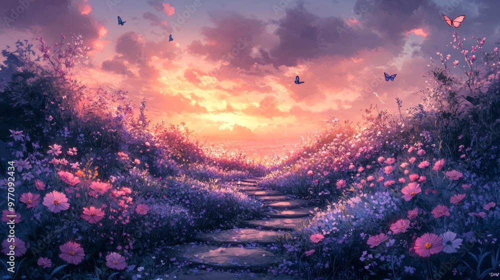 Dreamy Sunset Over a Path of Flowers Generative AI Dreamy Sunset Over a Path of Flowers Generative AI