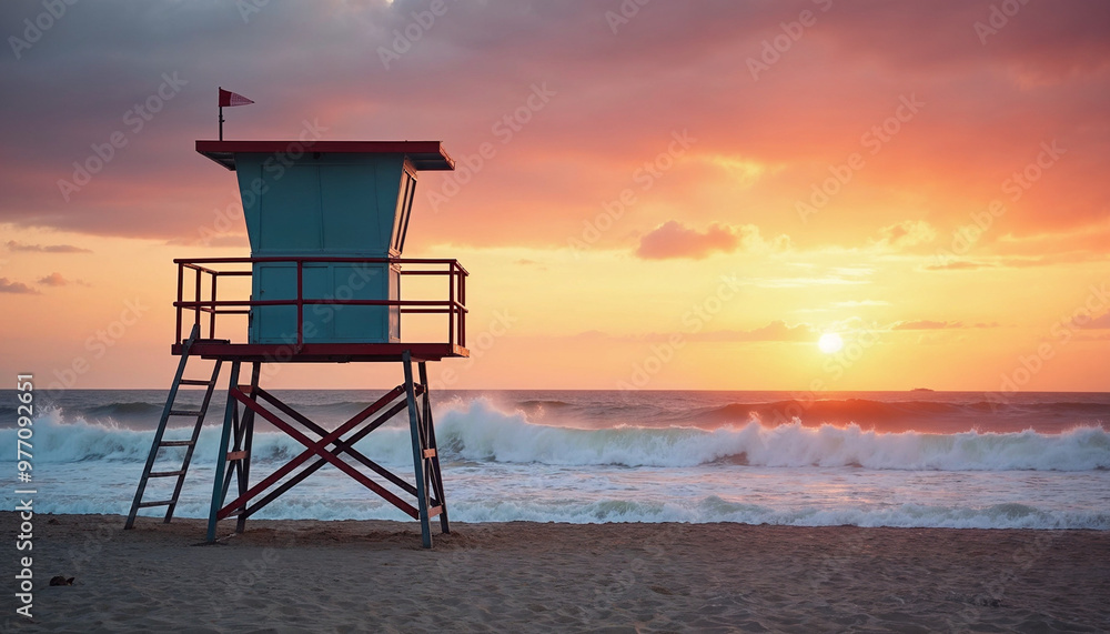 Lifeguard tower on an empty beach with a dramatic sunset and choppy sea Lifeguard tower on an empty beach with a dramatic sunset and choppy sea