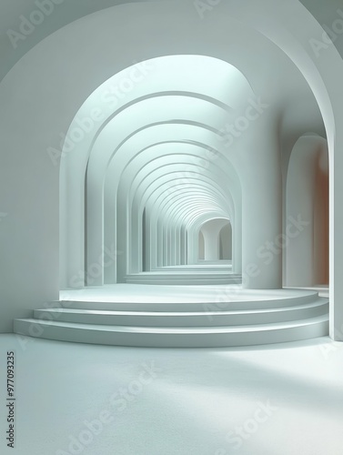 Modern Minimalist Hallway. Futuristic white architectural corridor interior with rounded arches and soft lighting  perfect for modern design  technology presentations  exhibitions  or creative backgr
