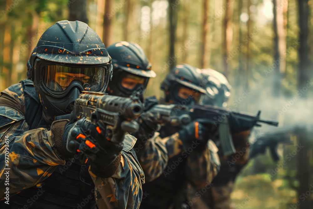 Paintball team shooting in forest battle. Adrenaline sports. Paintball team shooting in forest battle. Adrenaline sports.