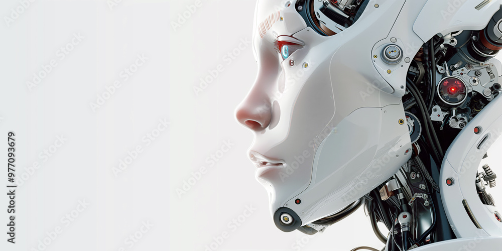 Close-up of a humanoid robot's face, showing intricate details against a clean, white background with copy space. Close-up of a humanoid robot's face, showing intricate details against a clean, white background with copy space.