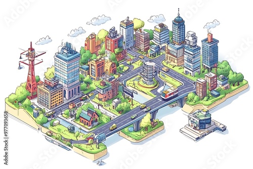 A whimsical, cartoon illustration of a city skyline with bridges, cars, and buildings.