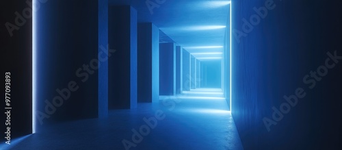 Surreal 3D rendering of an abstract dark blue corridor with a conceptual background showcasing a dreamlike interior environment