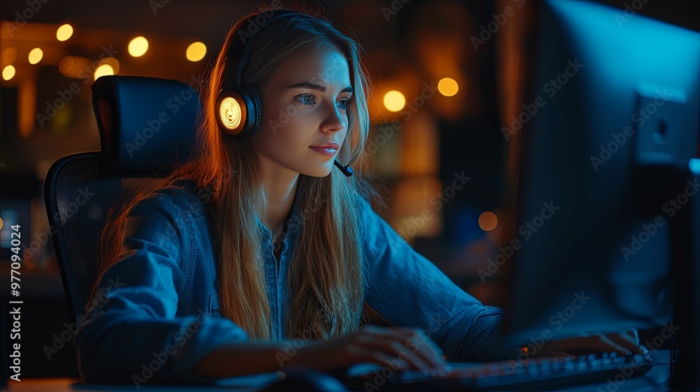Woman in Headset Working on Computer with Blue Lighting Woman in Headset Working on Computer with Blue Lighting