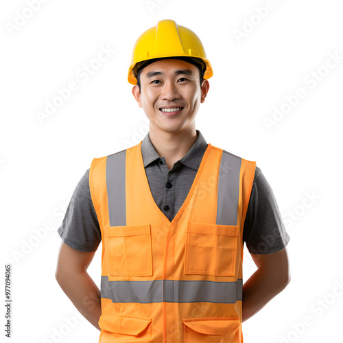 Handsome smiling asian american contractor. Builder Isolated on transparent background