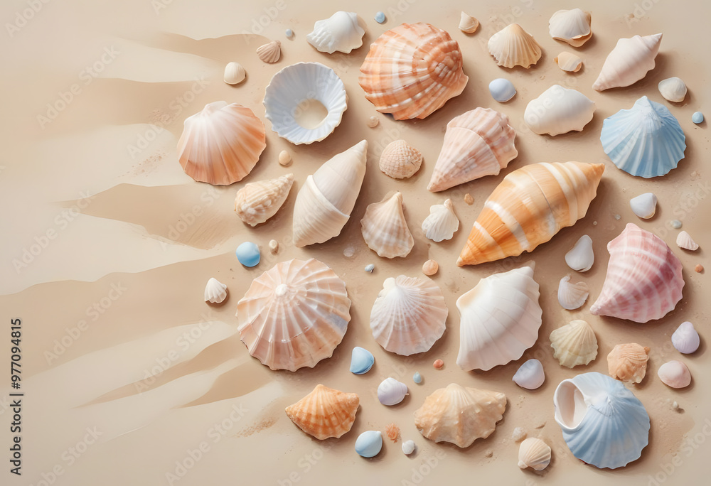 Soft Pastel Colored Seashells Scattered on a Sandy Beach Soft Pastel Colored Seashells Scattered on a Sandy Beach
