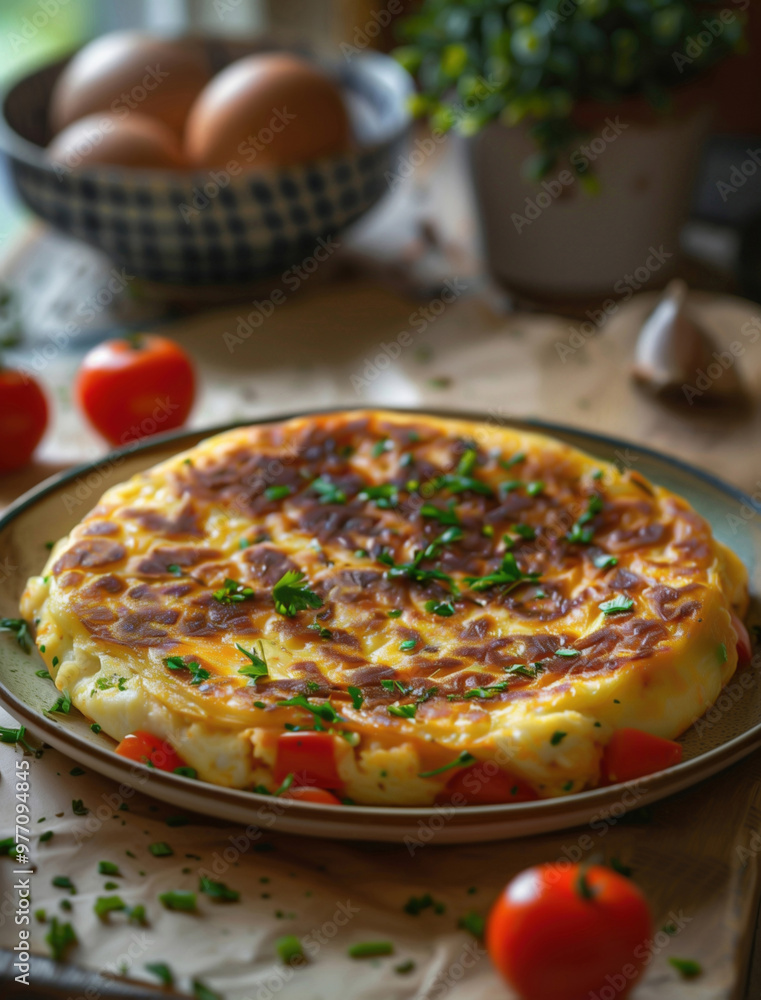 Close up photo of Tortilla Espanola garnished with herbs, traditional Spanish dish Close up photo of Tortilla Espanola garnished with herbs, traditional Spanish dish
