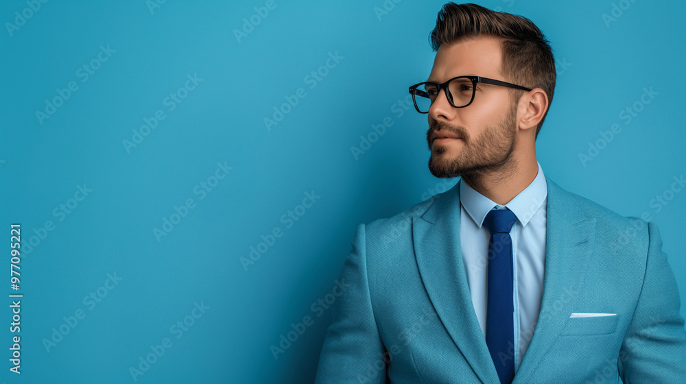 Stylish businessman in blue suit and glasses looking to the side against a blue background. Banner with empty copy space Stylish businessman in blue suit and glasses looking to the side against a blue background. Banner with empty copy space