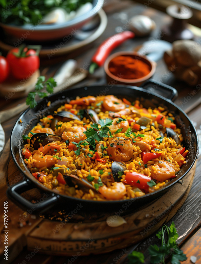 Rustic Paella Dish in Mediterranean Setting, Spanish Cuisine Photography Rustic Paella Dish in Mediterranean Setting, Spanish Cuisine Photography