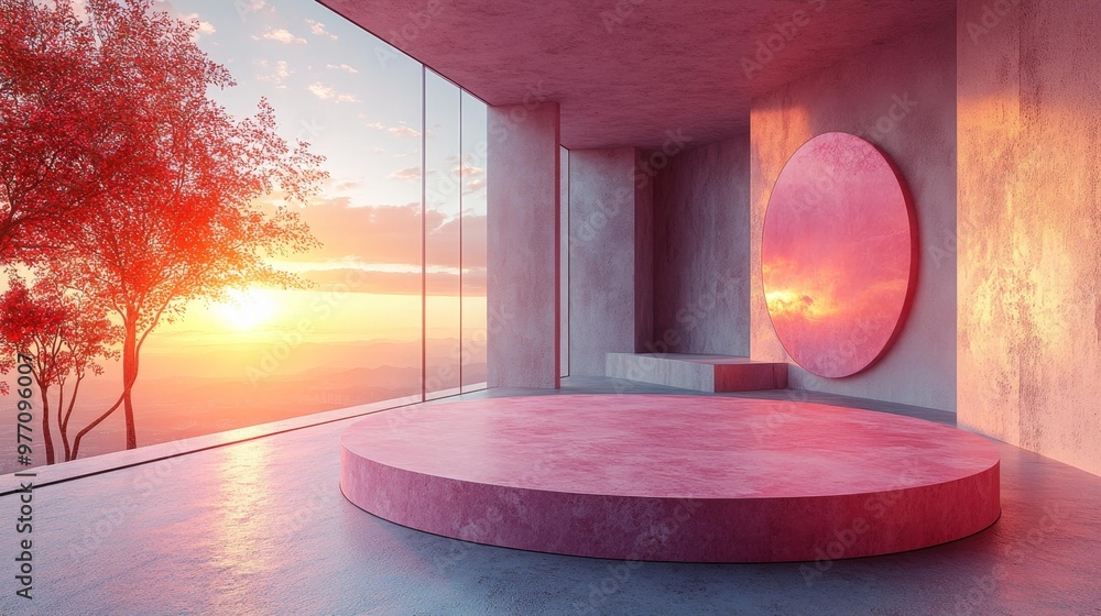 Fototapeta premium Minimalist Pink Interior with Circular Window and Sunset View Generative AI