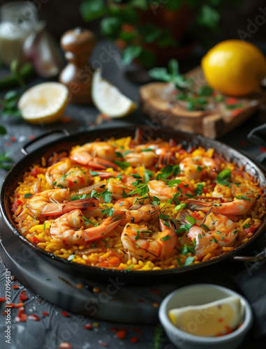 Close up of Traditional Spanish Paella in a Cast Iron Pan with Rustic Background