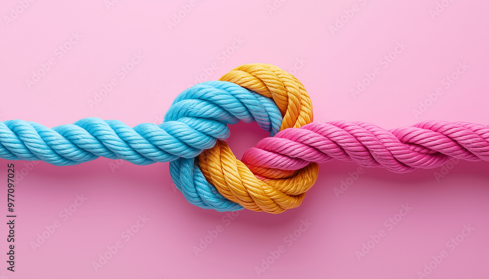ropes of different colors tied into a knot, pink background, concept of infinity and connection, relationships and friendship, symbolizing unity and strength, teamwork and partnership ropes of different colors tied into a knot, pink background, concept of infinity and connection, relationships and friendship, symbolizing unity and strength, teamwork and partnership