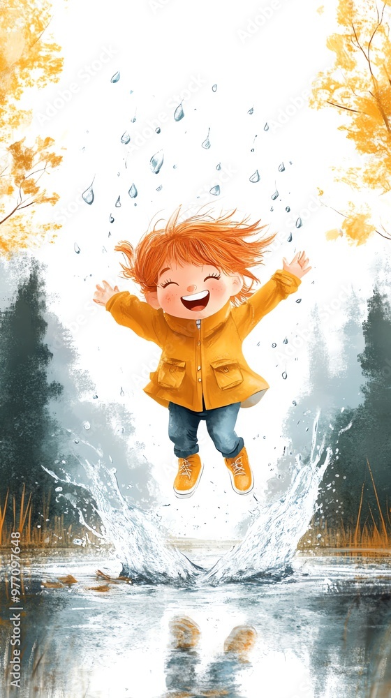 Fototapeta premium Happy girl jumping in puddle with rain falling around her.