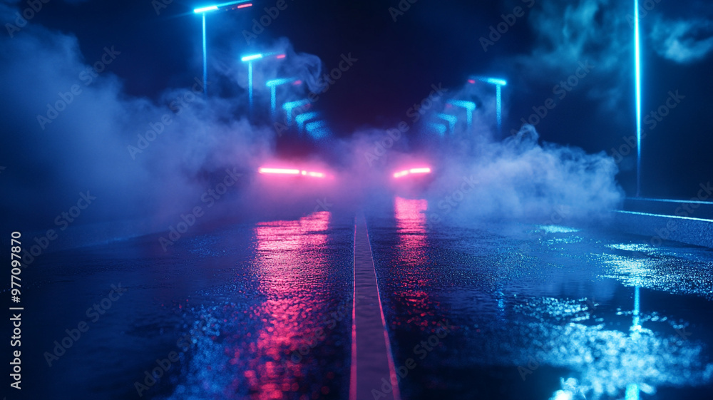 Obraz premium Neon-lit wet road at night with fog, creating a vibrant atmosphere for urban scenes