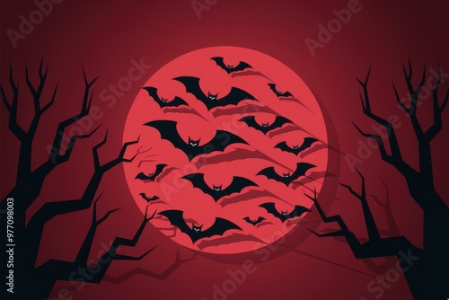 Spooky Halloween Bats Silhouette with Red Moon - Eye-Catching Graphic Design for Halloween Marketing and Promotions photo