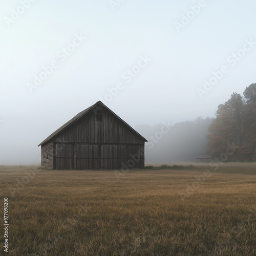 A weathered, wooden barn standing in a field covered with early morning fog. landscape is peaceful, with distant trees just visible through