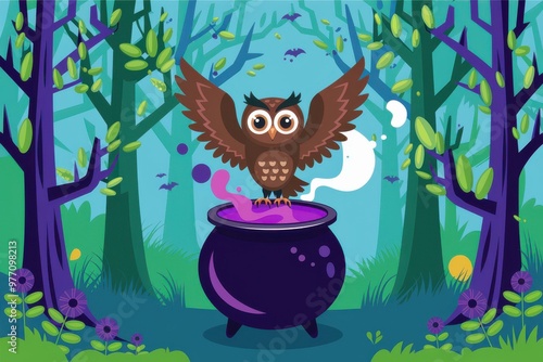 Whimsical Cartoon Owl Brewing Colorful Potion in Enchanted Forest - Playful Halloween Illustration for Kids' Products and Decor photo