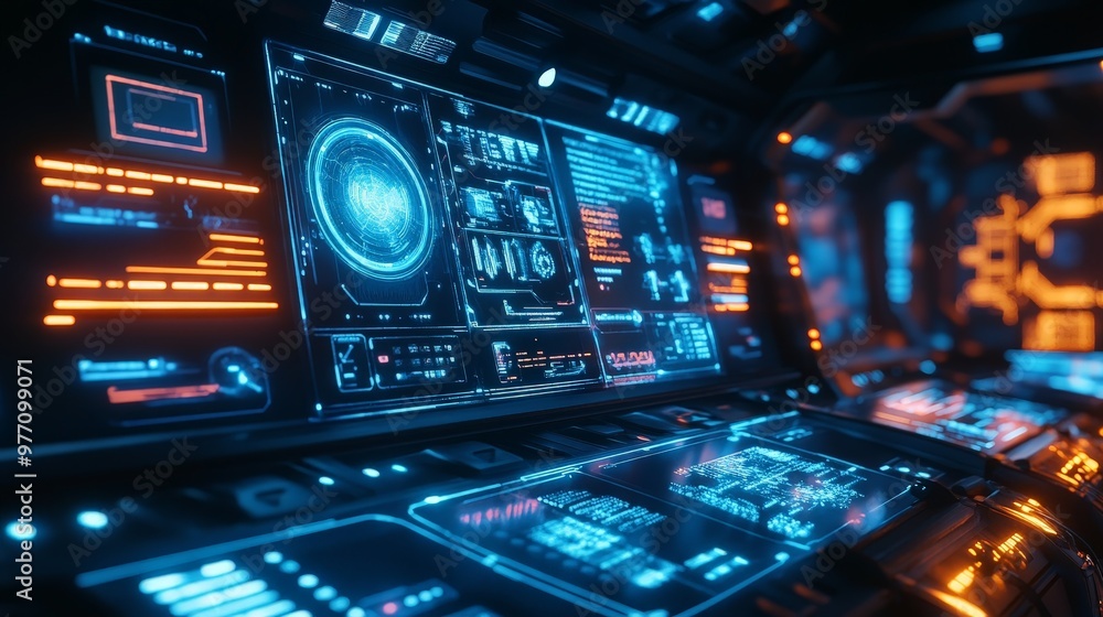 An advanced technology setup features a holographic interface with neon outlines, projecting dynamic information and controls into a futuristic environment. An advanced technology setup features a holographic interface with neon outlines, projecting dynamic information and controls into a futuristic environment.
