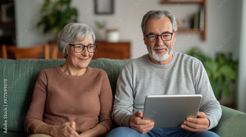 A happy senior couple enjoys using a tablet together at home, showcasing technology's role in modern relationships. A happy senior couple enjoys using a tablet together at home, showcasing technology's role in modern relationships.
