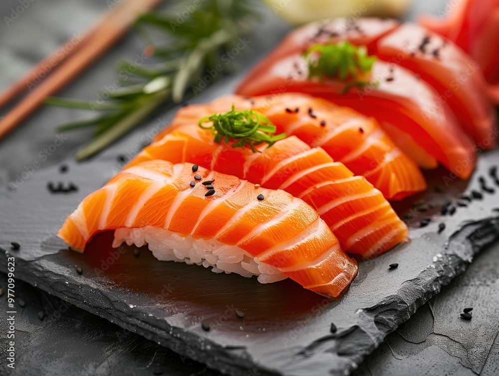 Japanese Buri Nigiri sushi with sesame on ceramic plate, dark background presentation Japanese Buri Nigiri sushi with sesame on ceramic plate, dark background presentation