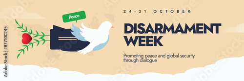 Disarmament Week. October Disarmament week celebration cover banner with white flags, pigeons representing peace. The week promote awareness of disarmament issues, their cross cutting importance.