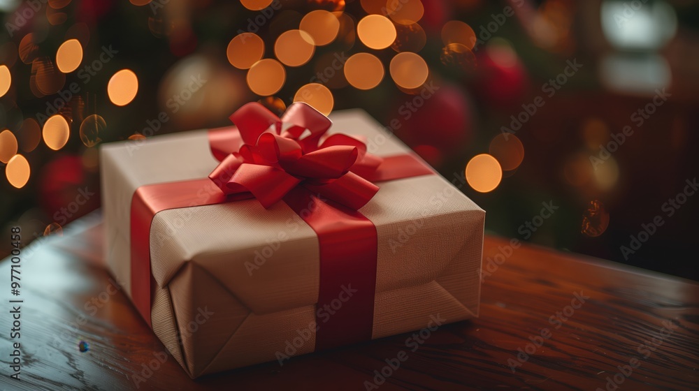 Beautiful Gift Box With Red Bow on Table With Festive Christmas Lights in Background Beautiful Gift Box With Red Bow on Table With Festive Christmas Lights in Background