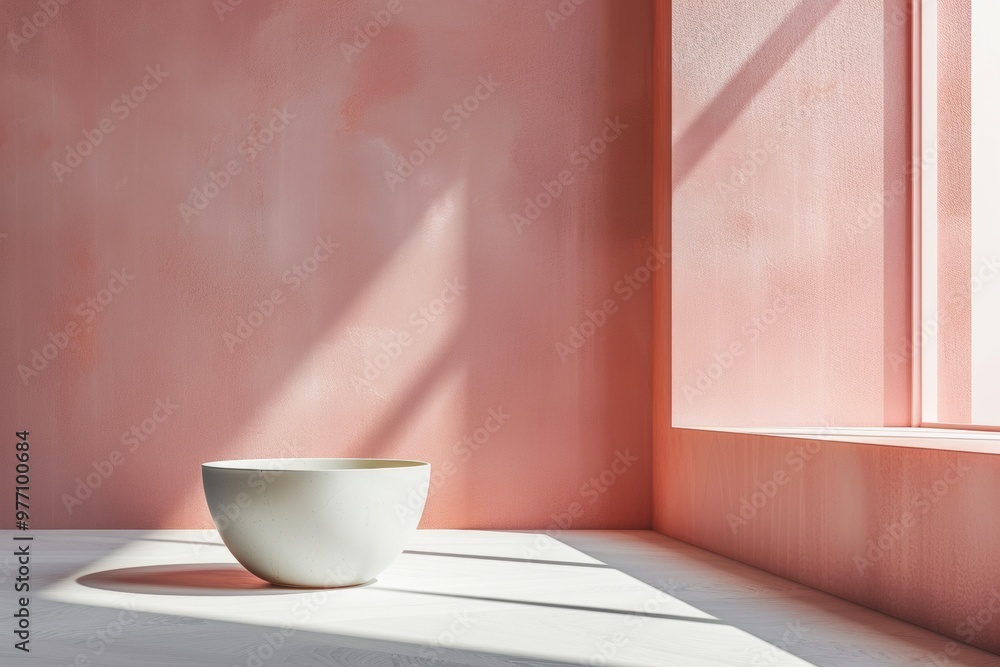 A simple white bowl rests in a peach-colored room bathed in sunlight, encapsulating modern minimalism with a warm, inviting ambiance. A simple white bowl rests in a peach-colored room bathed in sunlight, encapsulating modern minimalism with a warm, inviting ambiance.