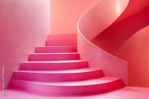 A modern spiral staircase stands out with its vibrant pink hue, bathed in soft lighting, creating an artistic vision of elegance and sophistication.