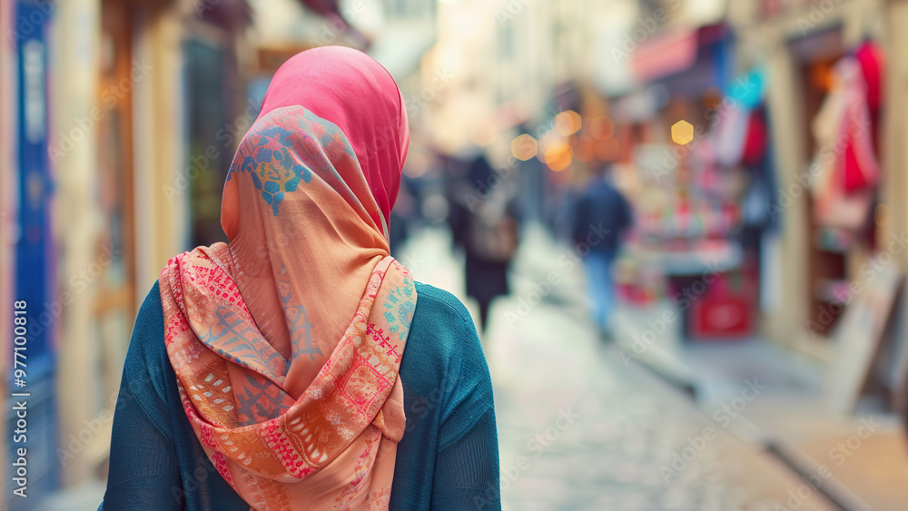 Muslim woman strolls through vibrant European street, surrounded by local shops Muslim woman strolls through vibrant European street, surrounded by local shops