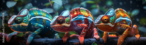 Banner with three colorful chameleons in a row on a branch with water droplets