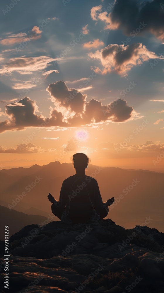 Serene Meditation at Sunrise with Silhouette in Majestic Mountain Landscape Serene Meditation at Sunrise with Silhouette in Majestic Mountain Landscape