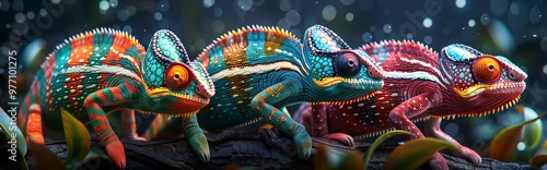 Obraz Banner with three colorful chameleons in a row on a branch with water droplets