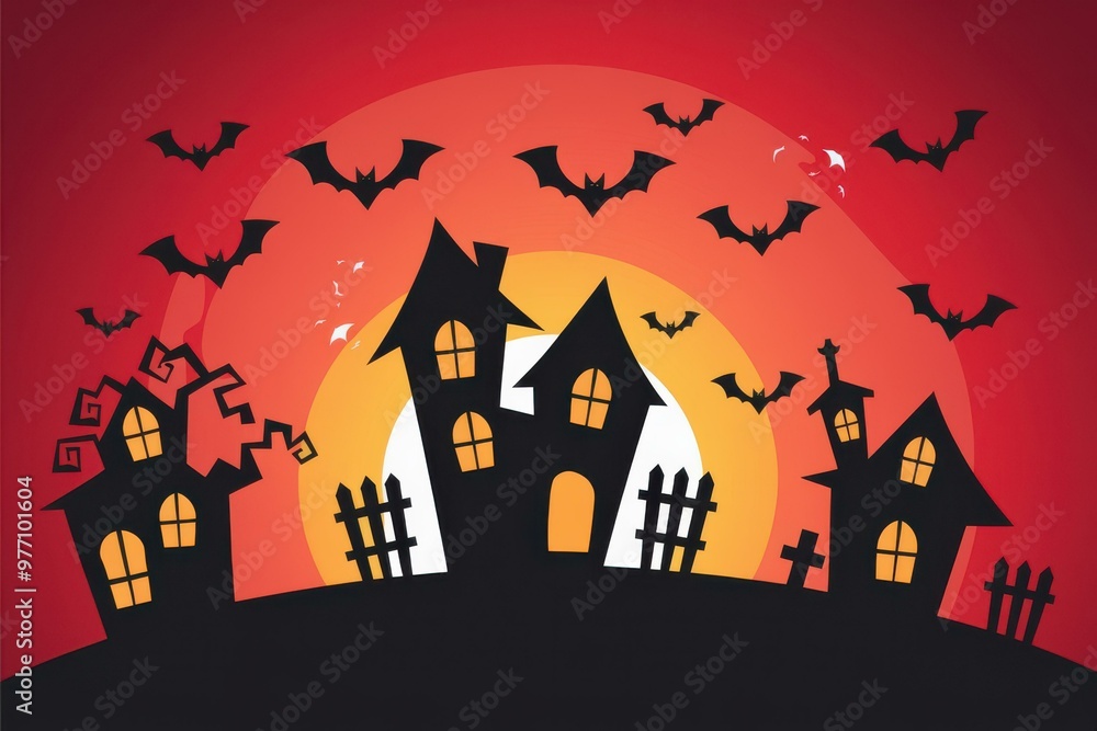 Spooky Halloween Scene with Haunted Houses and Bats on Red Background - Perfect for Event Promotions, Party Invitations, and Seasonal Decor Spooky Halloween Scene with Haunted Houses and Bats on Red Background - Perfect for Event Promotions, Party Invitations, and Seasonal Decor