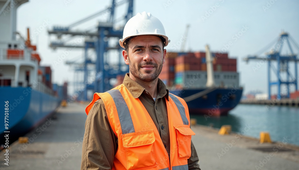 Portrait of a seaport worker in high-visibility vest and hard hat, set against a blurred harbor backdrop.
Portrait of a seaport worker in high-visibility vest and hard hat, set against a blurred harbor backdrop.