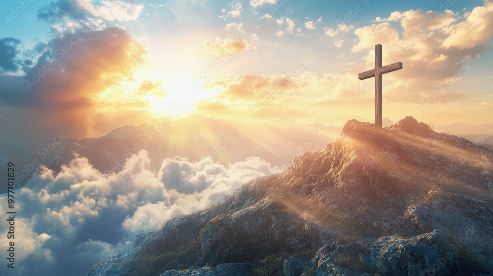 Fototapeta premium wooden cross stands alone on rugged mountain, bathed in sunlight breaking through clouds