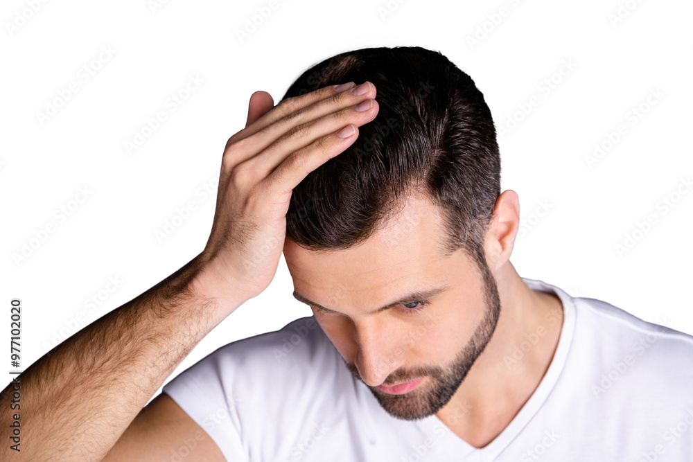 Close up top above high angle photo amazing he him his macho touch arm hand neat groomed head haircut not smiling look mirror bath empty space wear casual white t-shirt isolated grey background Close up top above high angle photo amazing he him his macho touch arm hand neat groomed head haircut not smiling look mirror bath empty space wear casual white t-shirt isolated grey background