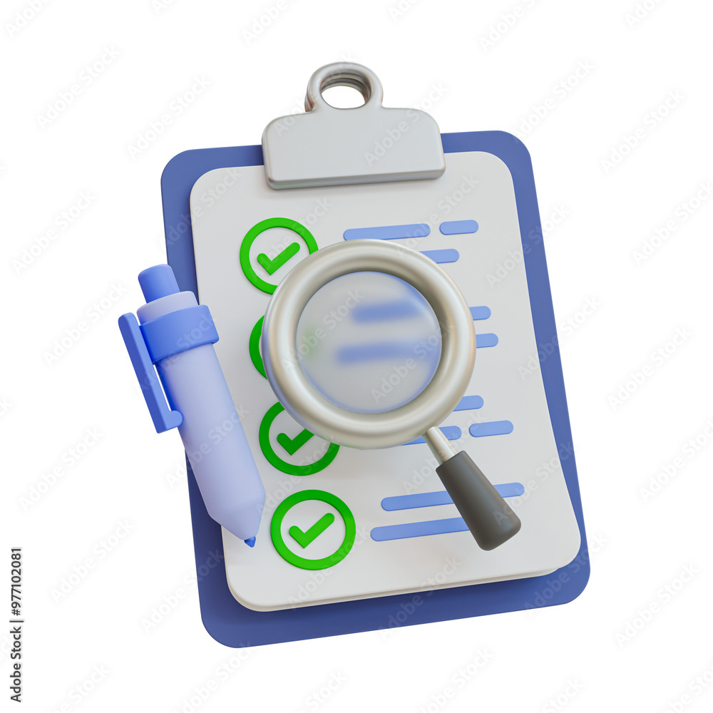 A 3D illustration of a checklist with green checkmarks, magnifying glass, and pen, symbolizing task management and verification. A 3D illustration of a checklist with green checkmarks, magnifying glass, and pen, symbolizing task management and verification.