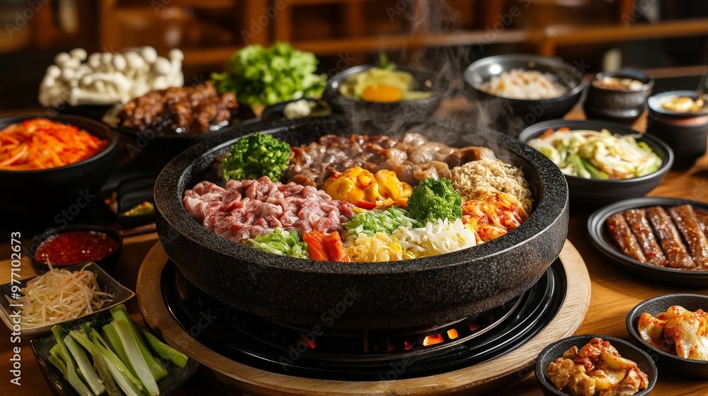 An authentic Korean dining experience featuring a hot stone pot bibimbap, sizzling with crispy rice and a variety of fresh vegetables and meat. An authentic Korean dining experience featuring a hot stone pot bibimbap, sizzling with crispy rice and a variety of fresh vegetables and meat.