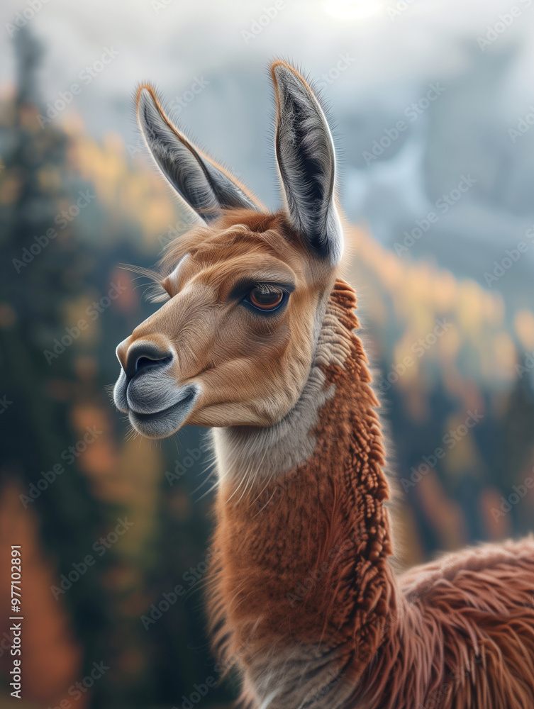 Close Up Portrait of Llama in Mountain Landscape, Wild Andean Animal Close Up Portrait of Llama in Mountain Landscape, Wild Andean Animal