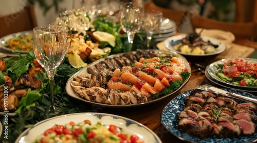 An elegant dinner party table with diverse cuisine from around the world, including Mediterranean salads, Japanese sashimi, and Brazilian barbecue, elegantly presented.