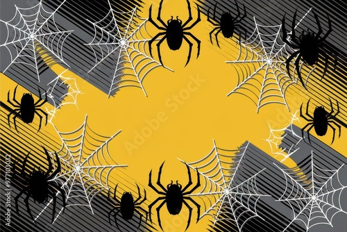 Black Spiders and Webs on Yellow Background for Halloween photo